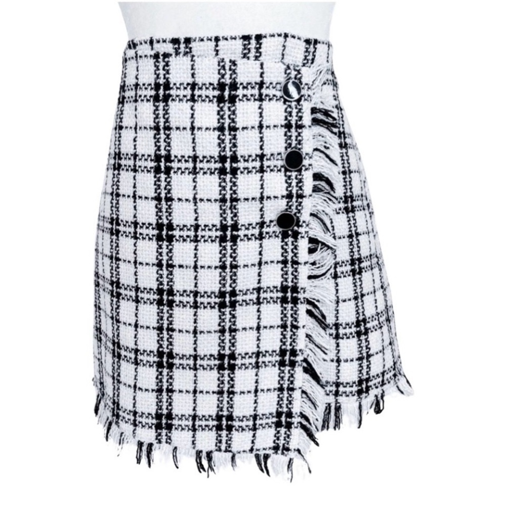 Rachel Zoe Tweed Mini Skirt Black White Fringe Chanel Style NWT Size  M sz 8